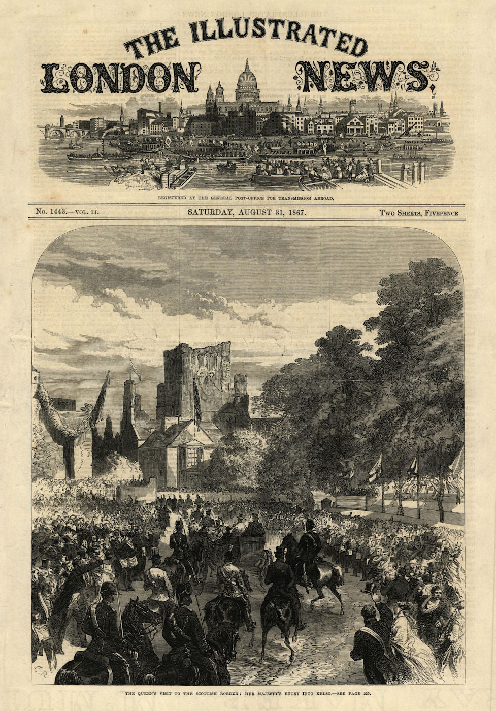 Queen Victoria's entry into Kelso. Scotland 1867 old antique print picture